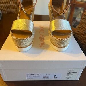 See By Chloe Gold Espadrille Wedge Sandals